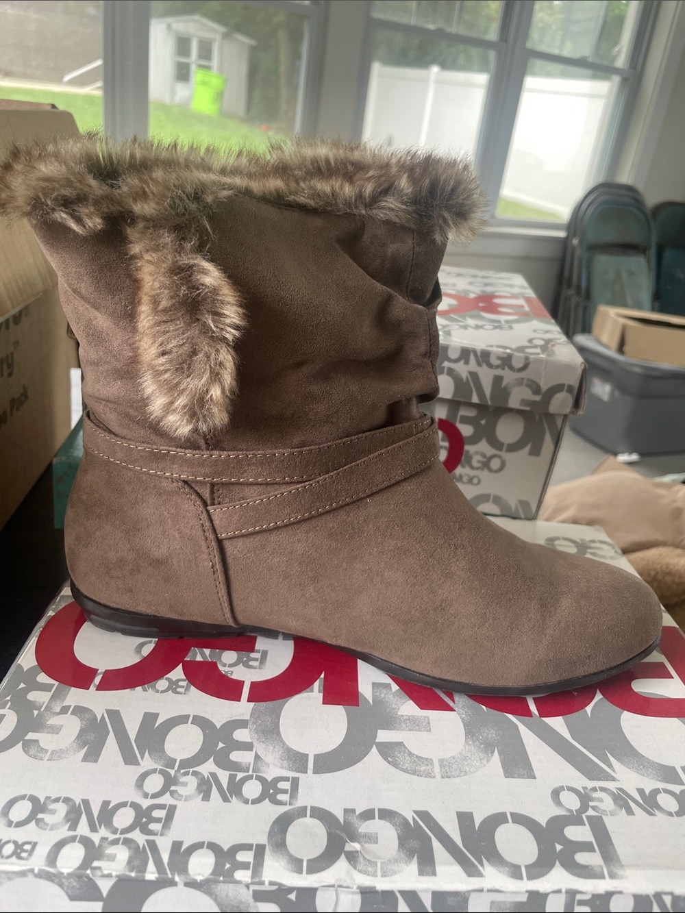 BONGO Taupe Faux Suede Ankle Boot with Fur Trim